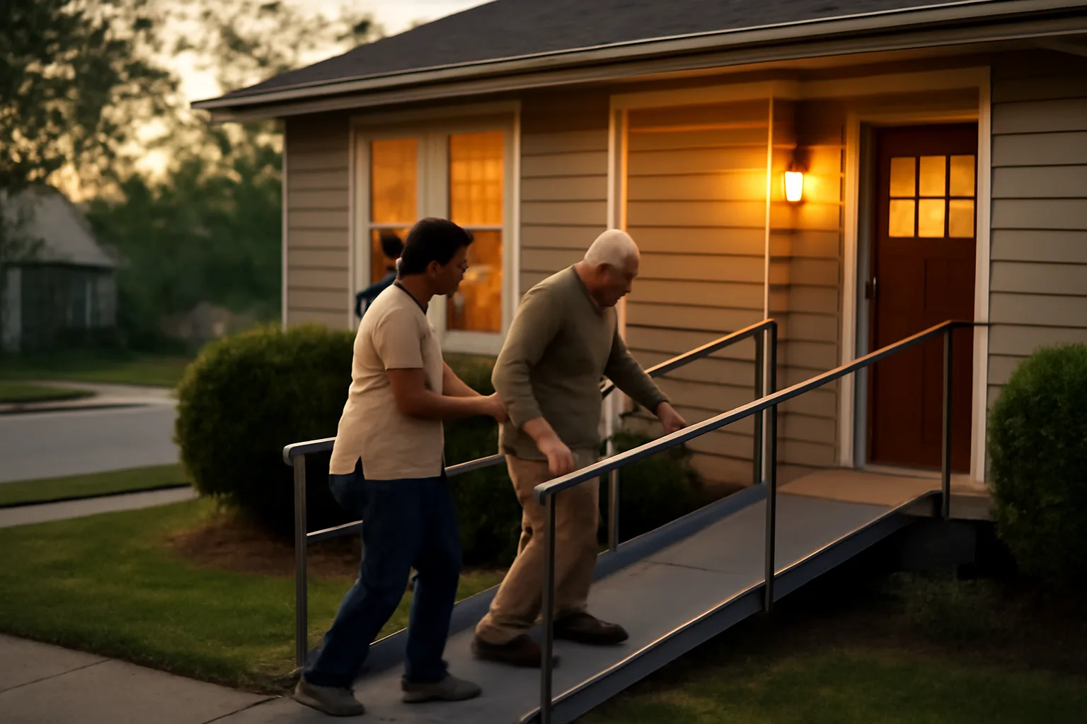 Caregiver helping a senior up a ramp outside a licensed group home at dusk
