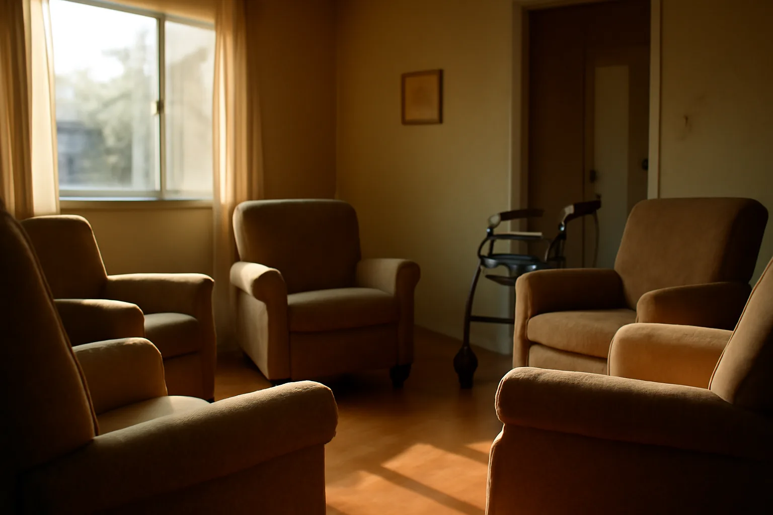 Sunlit living room in a residential home set up for group home style adult care