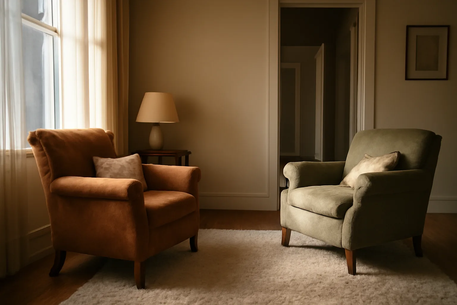 Sunlit living room in a residential group home setting with armchairs and open hallway