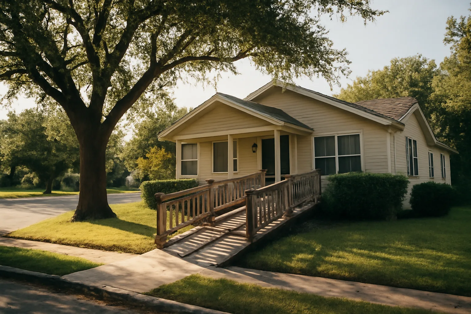 Single-story residential home with accessibility ramp, a common setup for a Texas elder group home