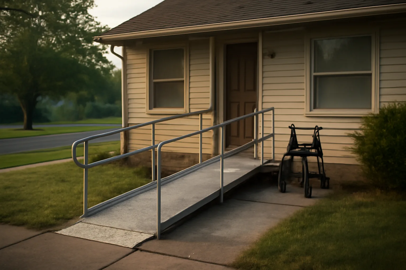 Small residential house with wheelchair ramp representing a group home for elderly residents