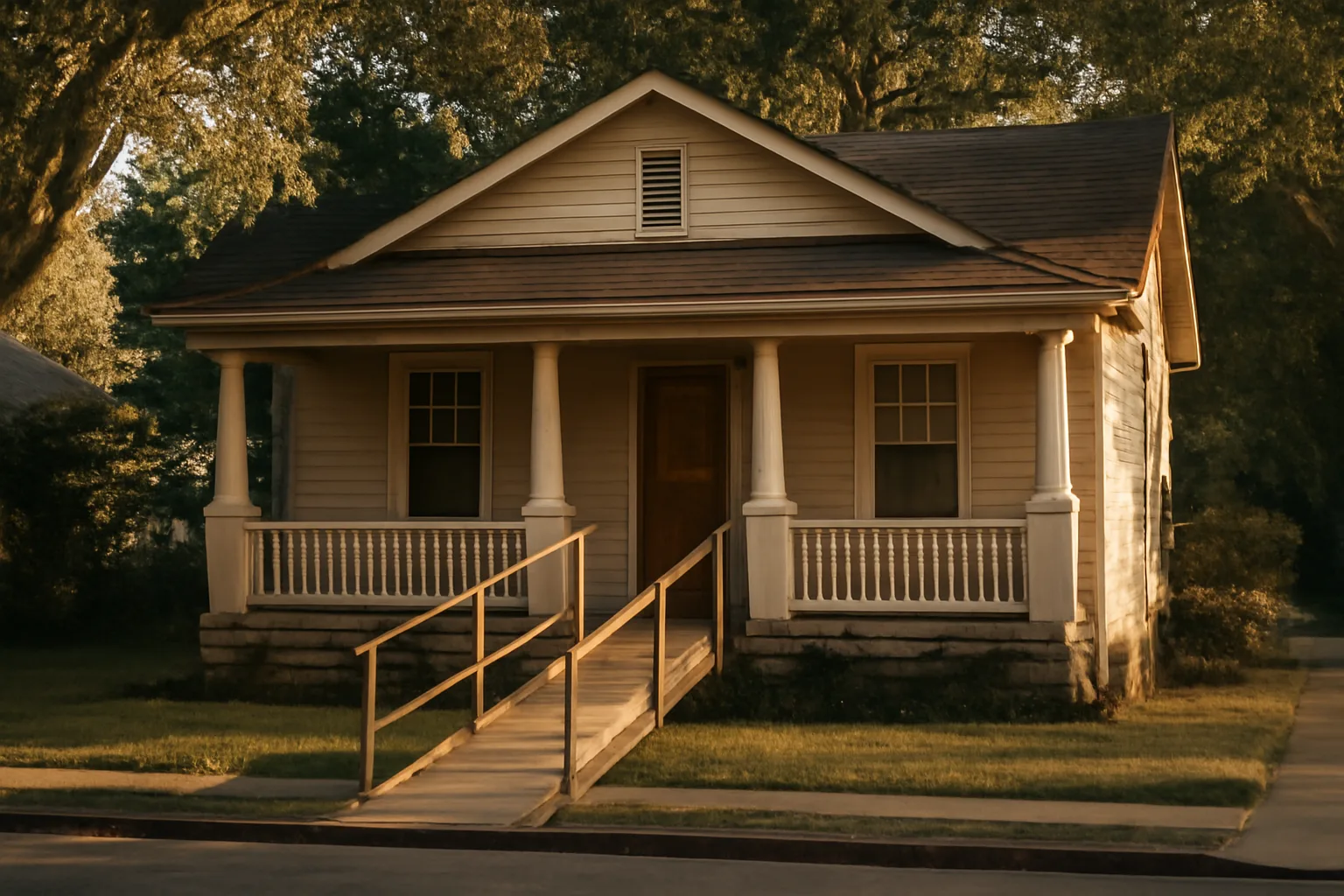 Single-story residential group home with wheelchair ramp on a quiet suburban street