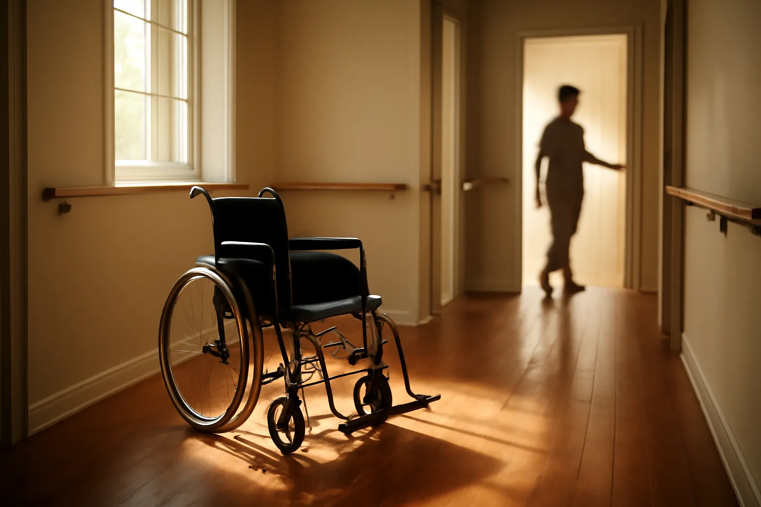 Sunlit hallway with handrails inside a residential senior group home