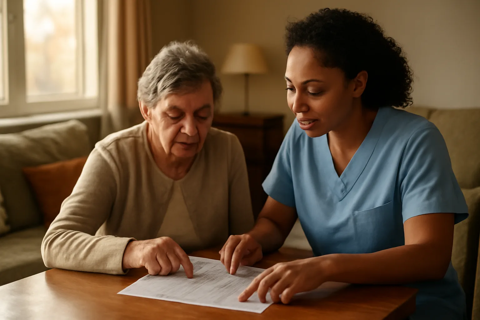 Caregiver and adult resident sitting together in a home-like group home living room