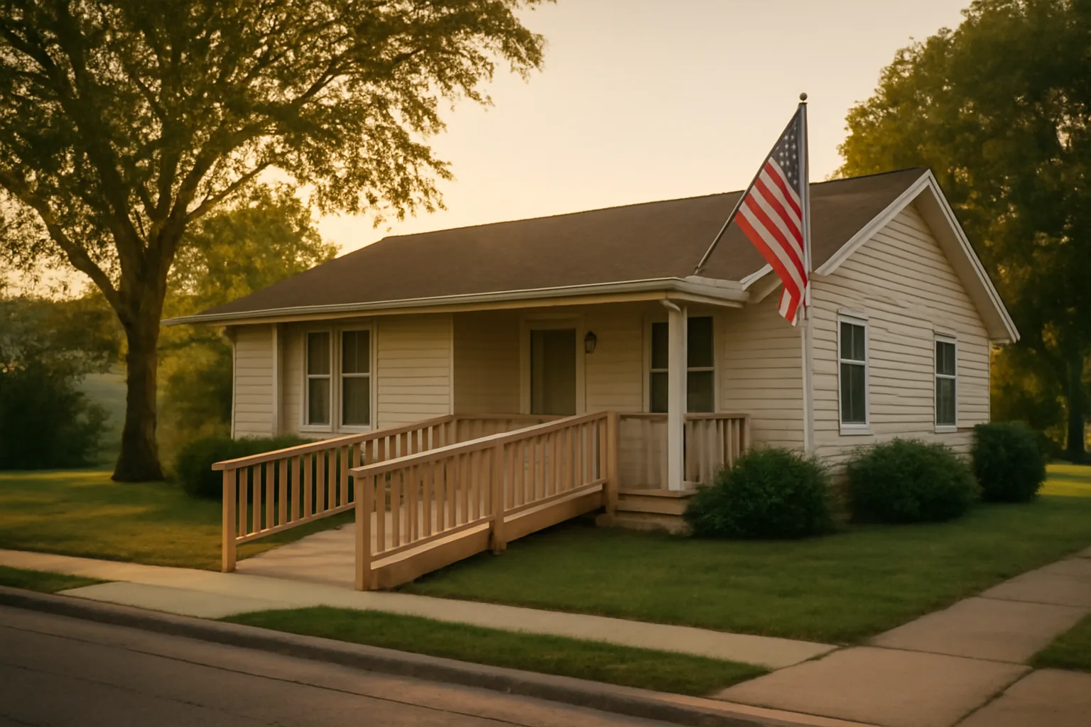 Ranch-style house with wheelchair ramp representing a veteran group home in Georgia