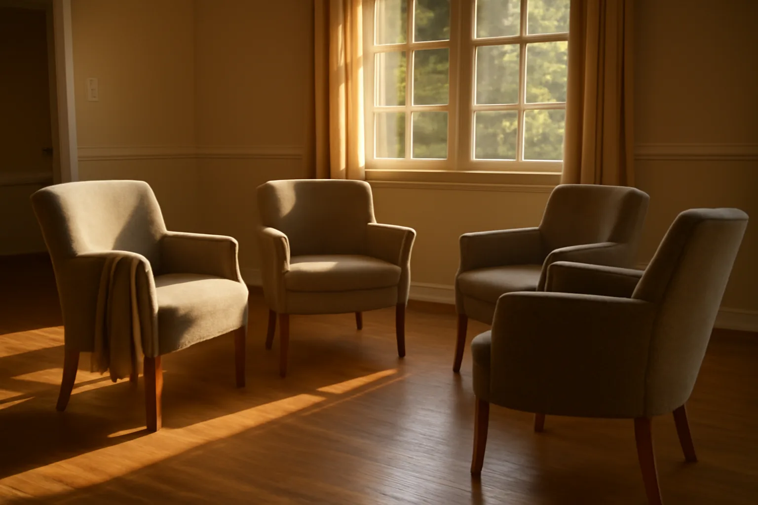 Sunlit common room in a converted house preparing to open as a group home