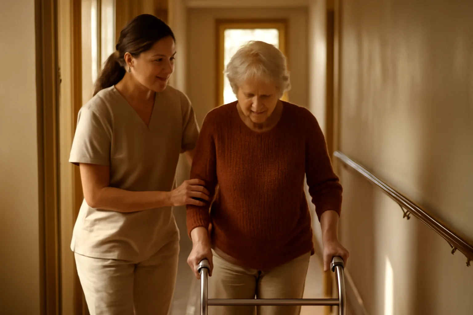 Caregiver assisting a resident in an Arizona group home hallway with grab bars