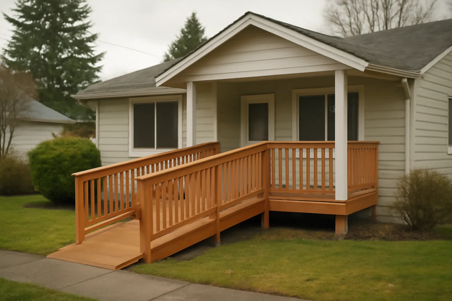 Single-story residential house with wheelchair ramp representing a BC group home