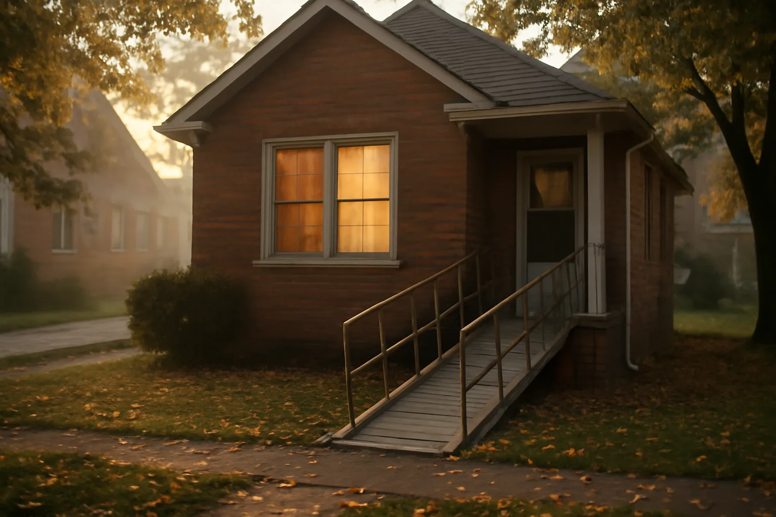 Brick residential house with wheelchair ramp, a Cleveland group home setting