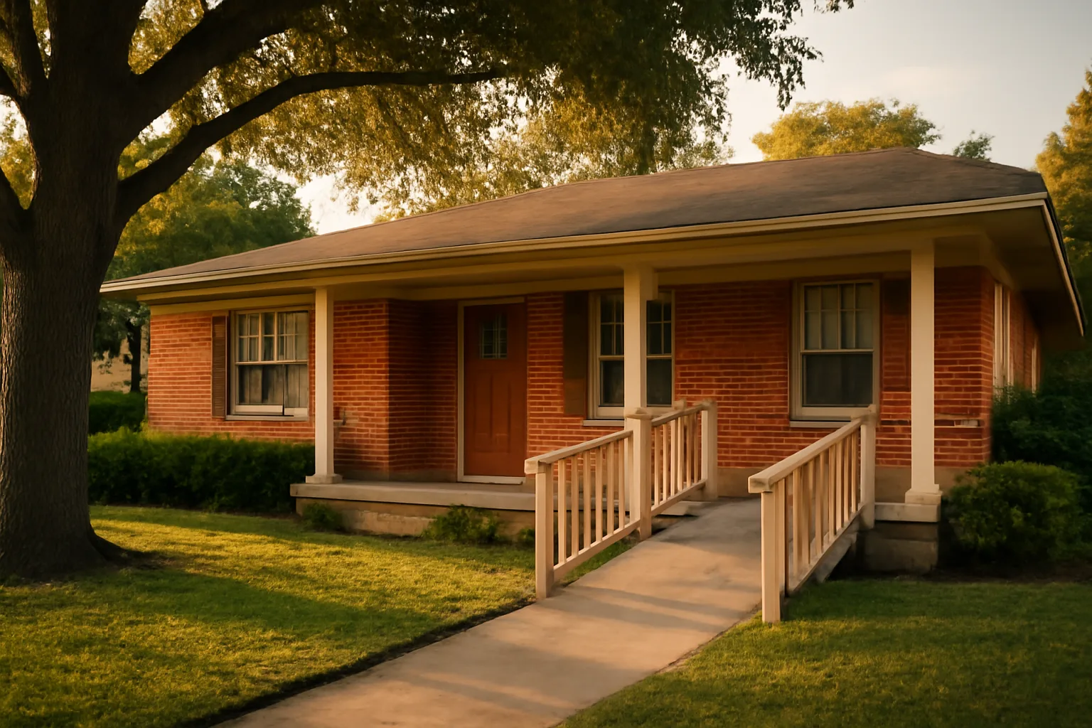 Single-story brick group home with wheelchair ramp in a Dallas residential neighborhood
