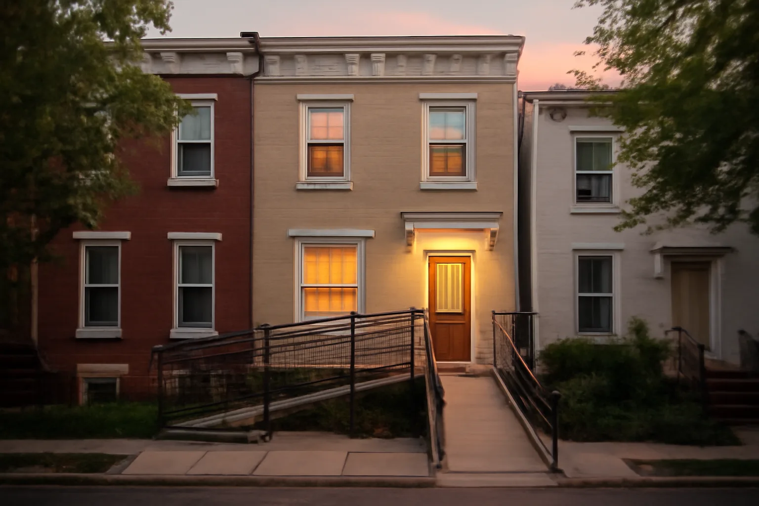 Renovated rowhouse group home with wheelchair ramp on a quiet DC residential street