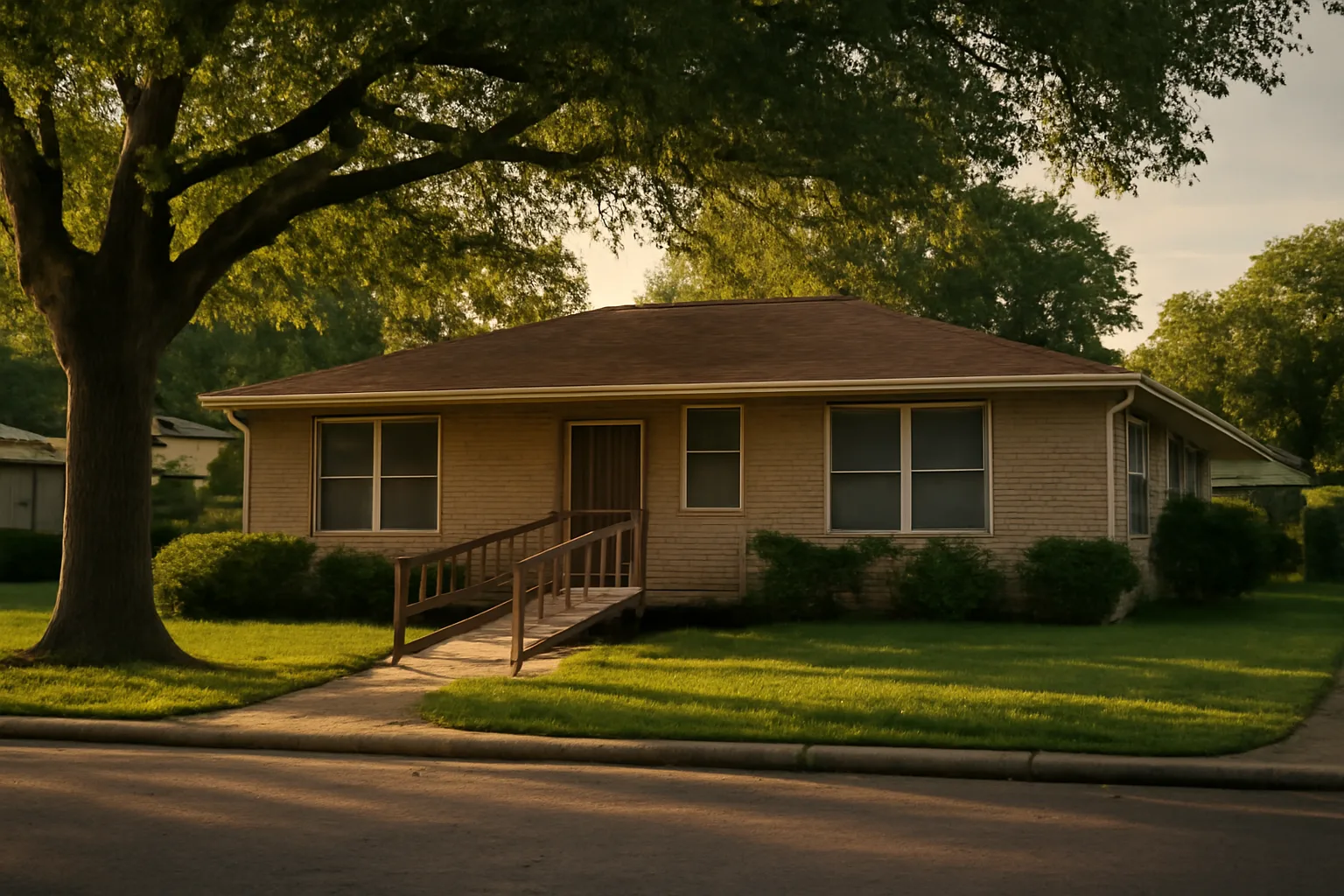 Single-story Houston house with wheelchair ramp representing a licensed group home