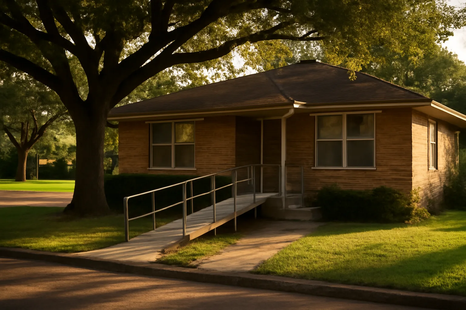 Single-story ranch house with wheelchair ramp, a typical Houston group home setting
