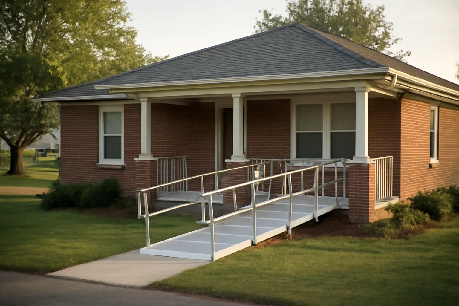 Renovated brick residential home with ramp, representing starting a group home in Kentucky