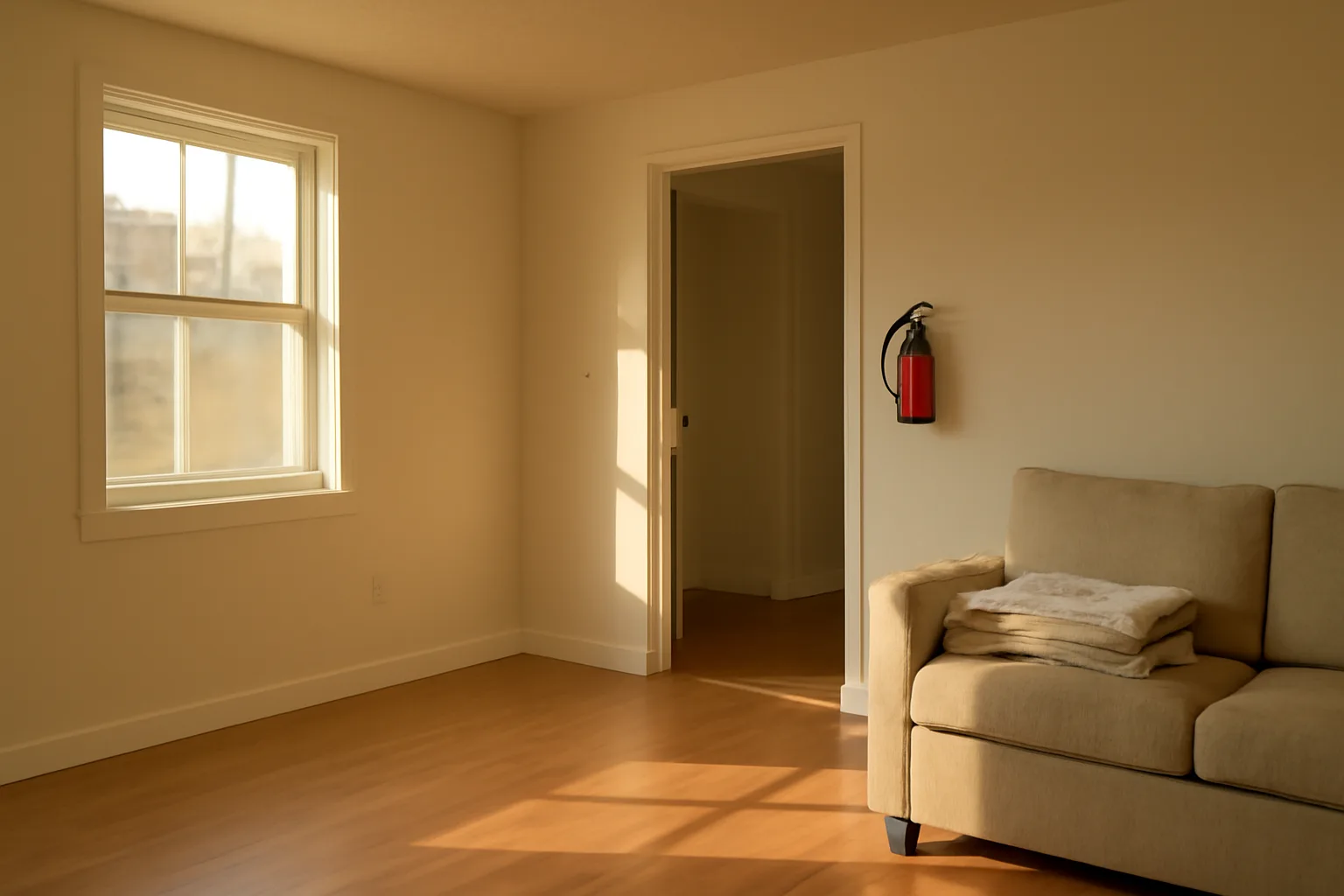 Empty licensed group home living room with accessible doorway and fire extinguisher