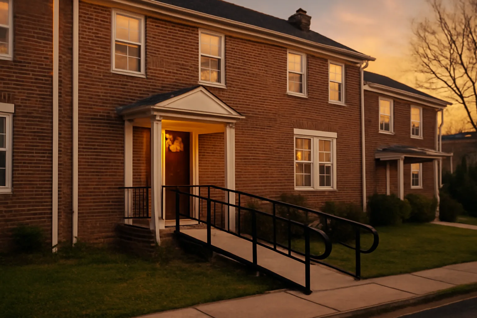 Maryland residential group home exterior with wheelchair ramp at golden hour