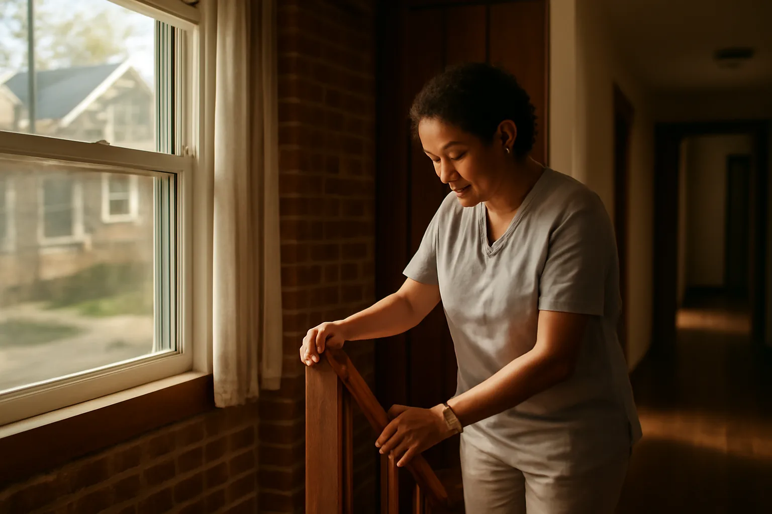 Caregiver checking a handrail inside a Milwaukee home being prepared as a licensed group home