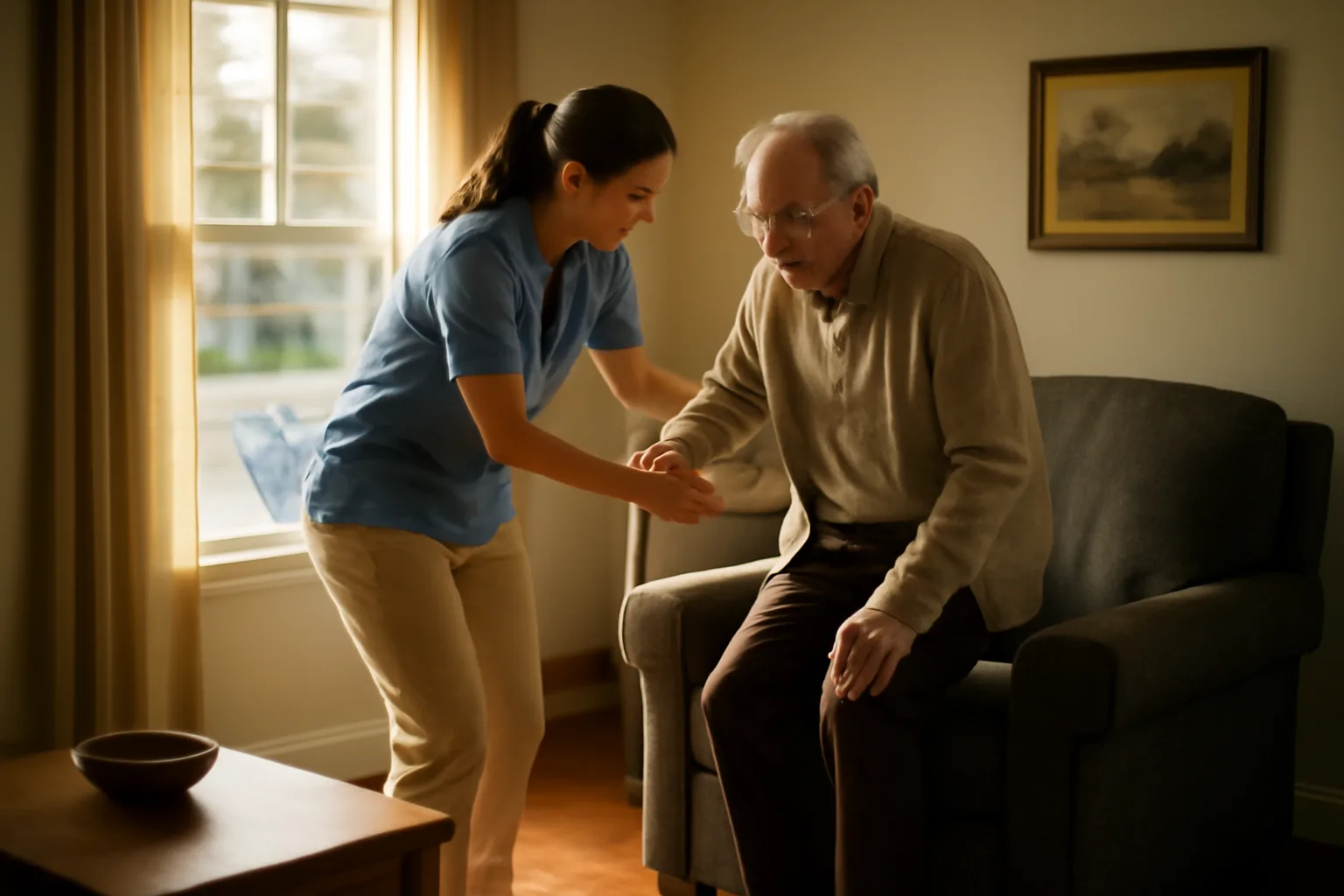 Caregiver helping older adult stand in a licensed Minnesota group home living room