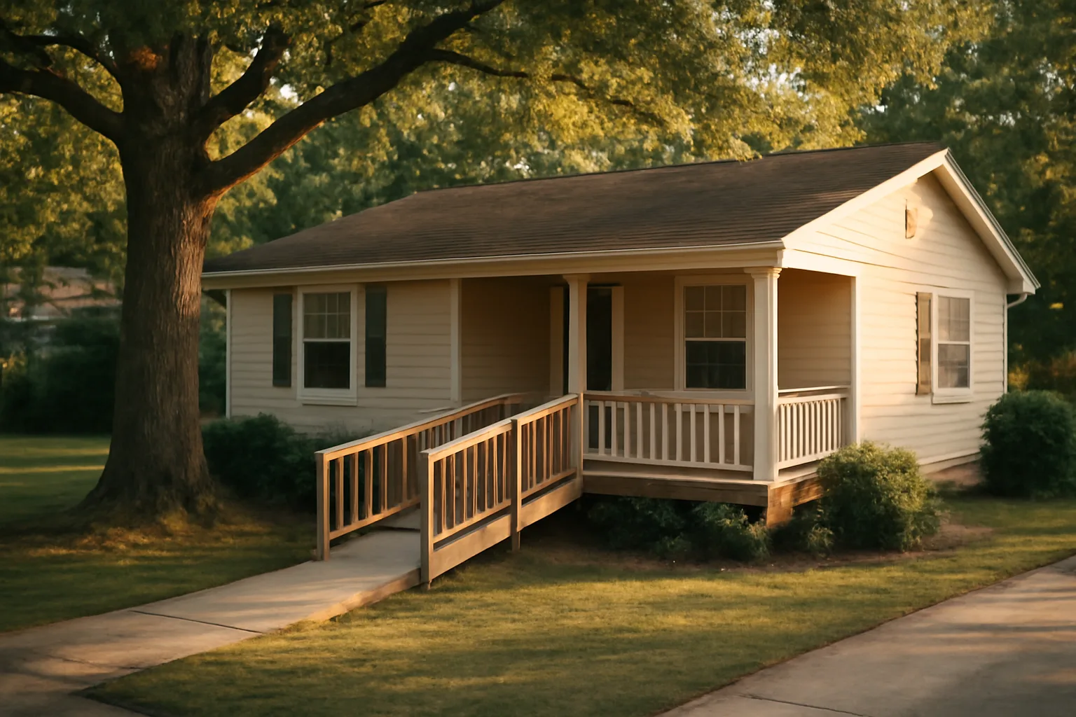 Ranch-style residential home with wheelchair ramp representing a Mississippi group home property