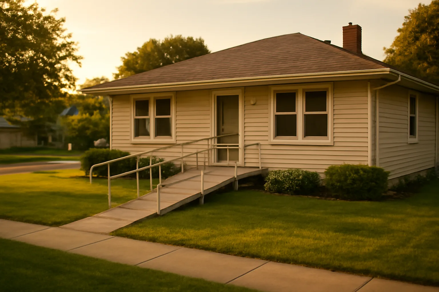 Residential group home exterior with wheelchair ramp in a Missouri suburban neighborhood