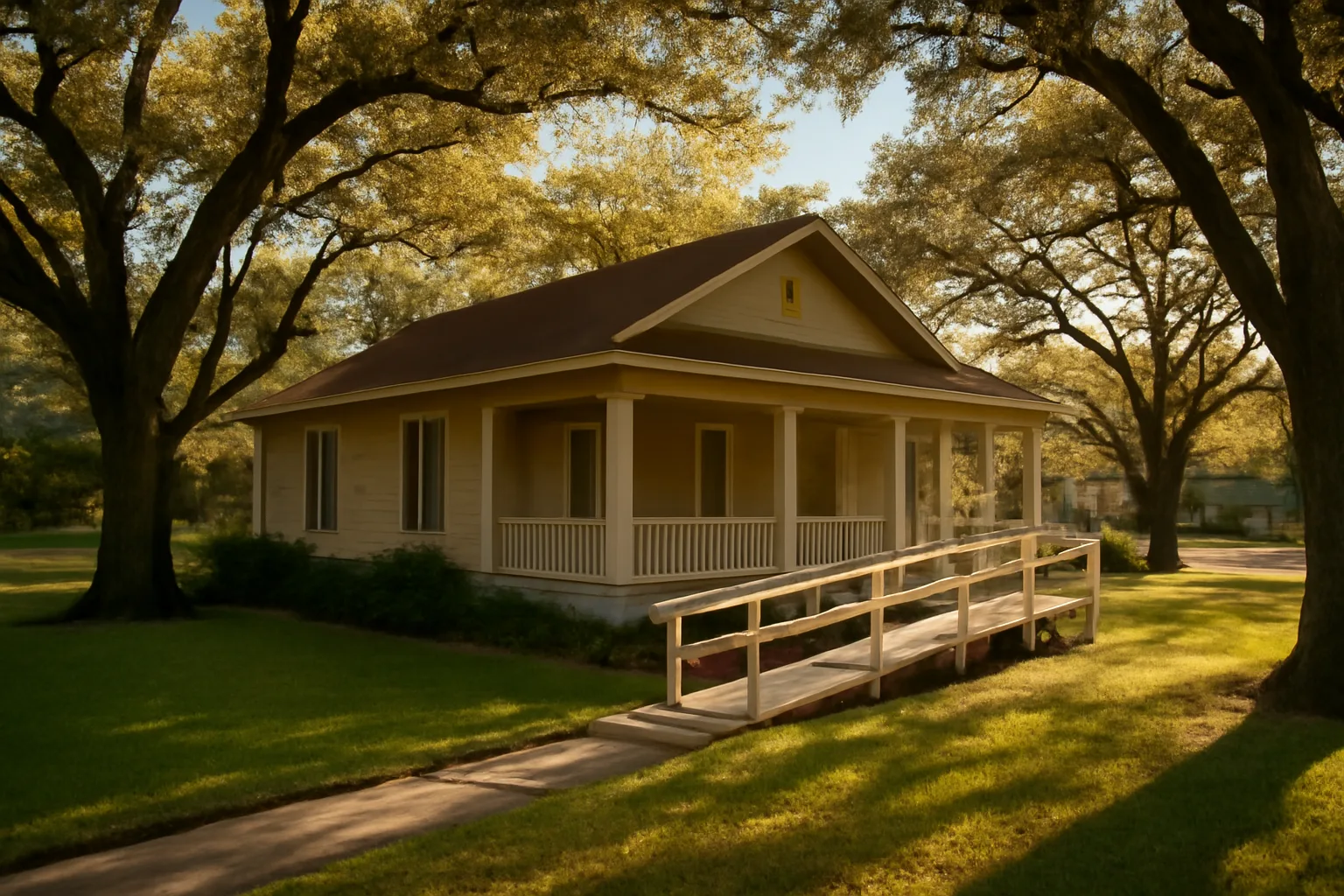Residential group home exterior with wheelchair ramp and porch in North Carolina