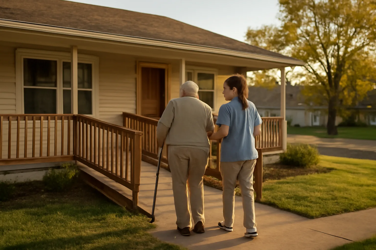 Ranch-style group home with wheelchair ramp, caregiver walking with resident in evening light