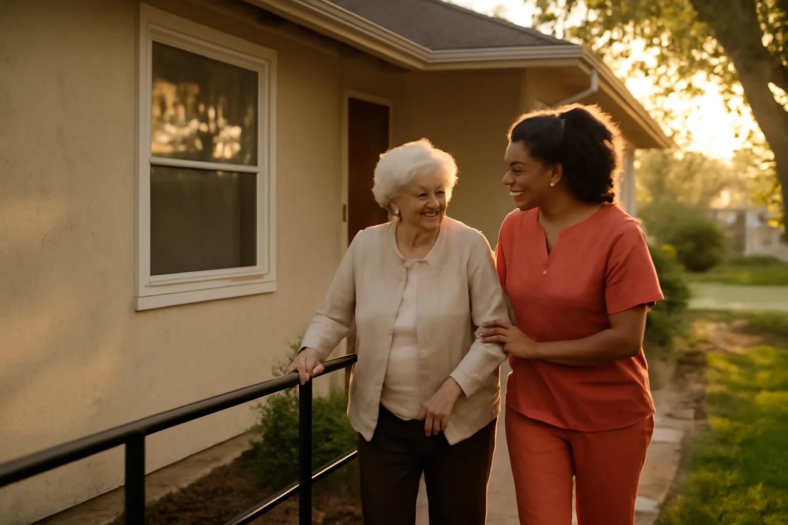 Caregiver walking with a senior resident outside a residential group home in South Carolina