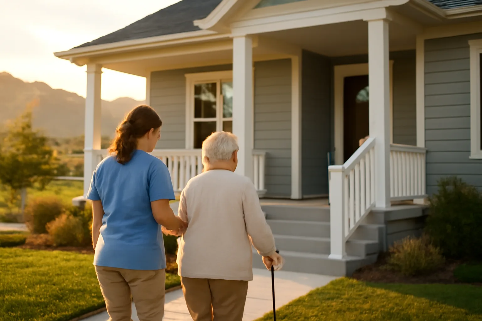 Caregiver and resident walking toward a group home in Utah at sunset