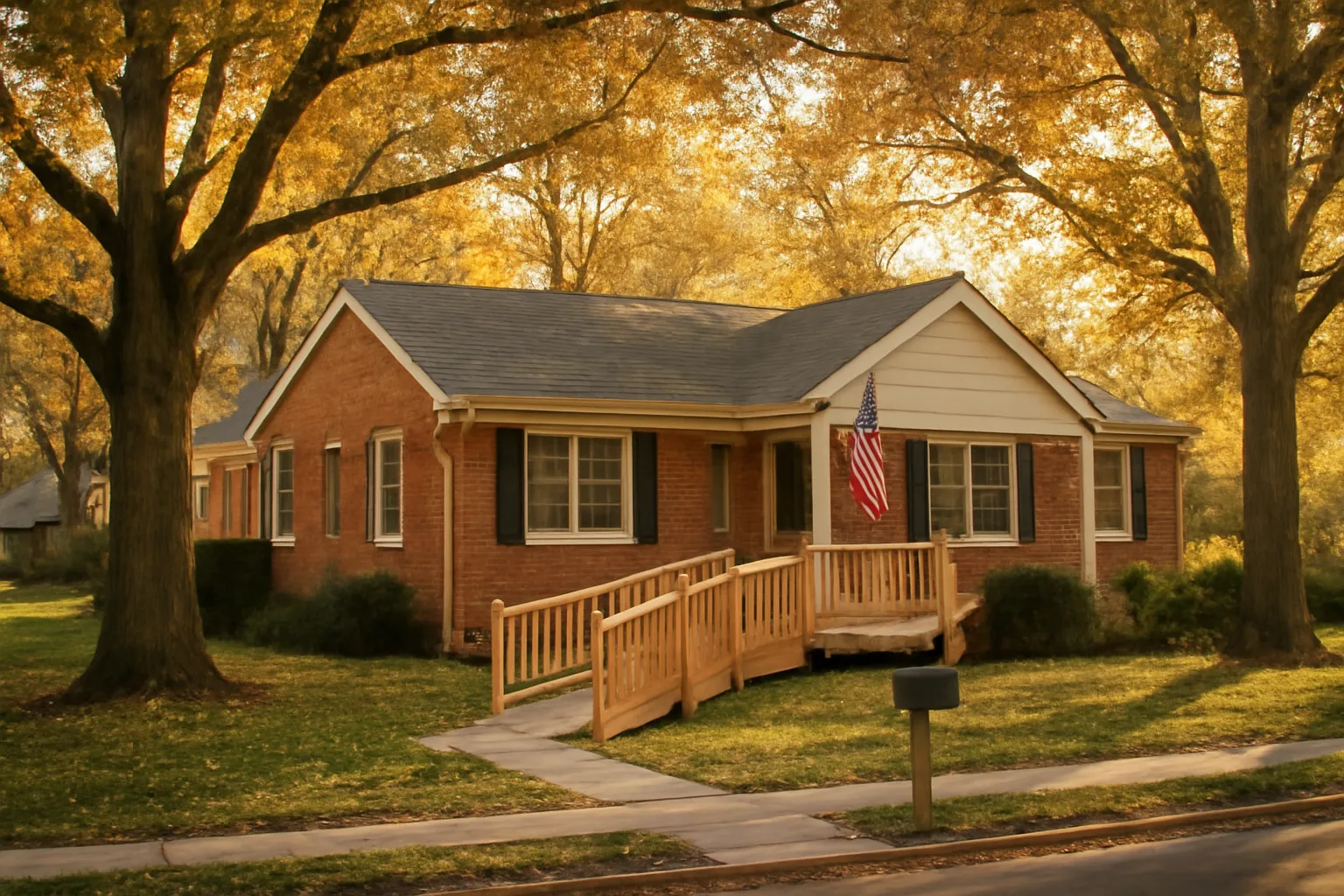 Accessible residential home in suburban Virginia neighborhood with entry ramp