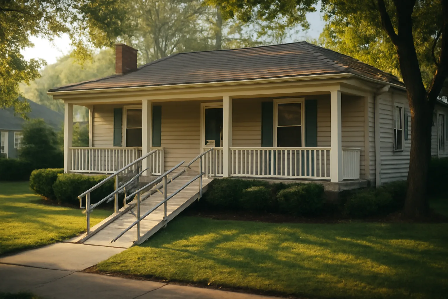 Ranch-style house with accessibility ramp representing a residential group home setting