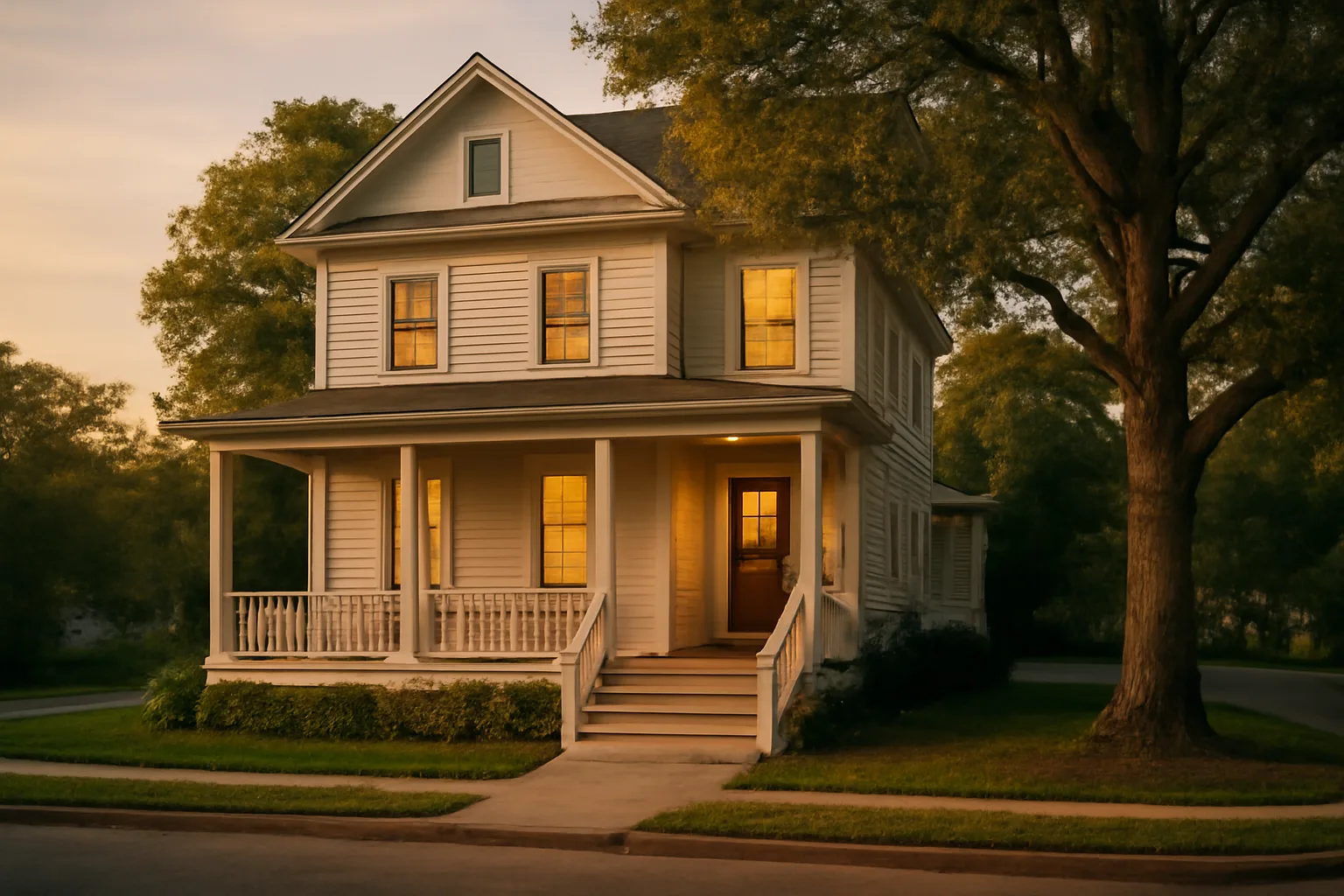 Residential assisted living home exterior with accessible entrance at sunset