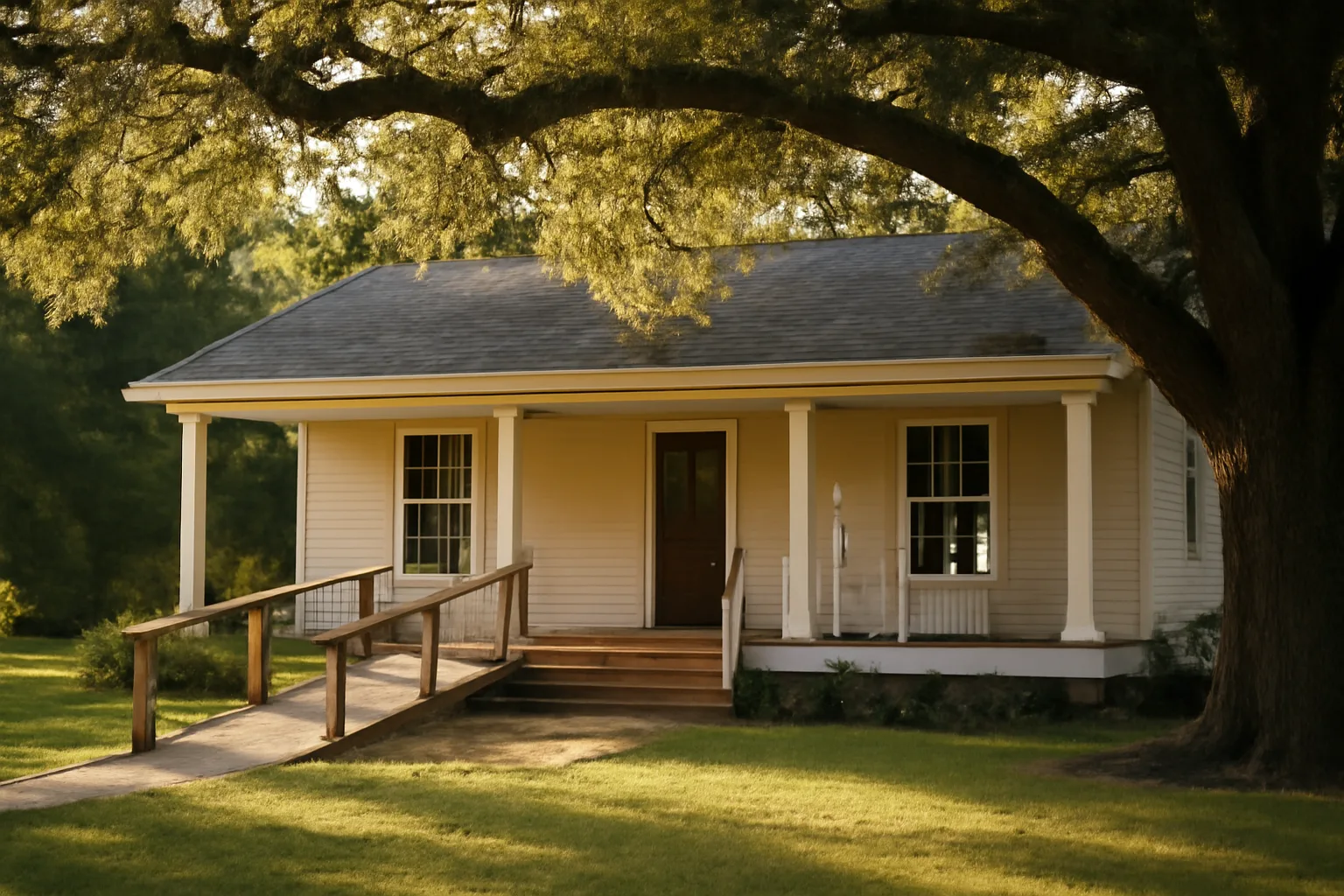 Single-story residential home with wheelchair ramp, set up for assisted living care