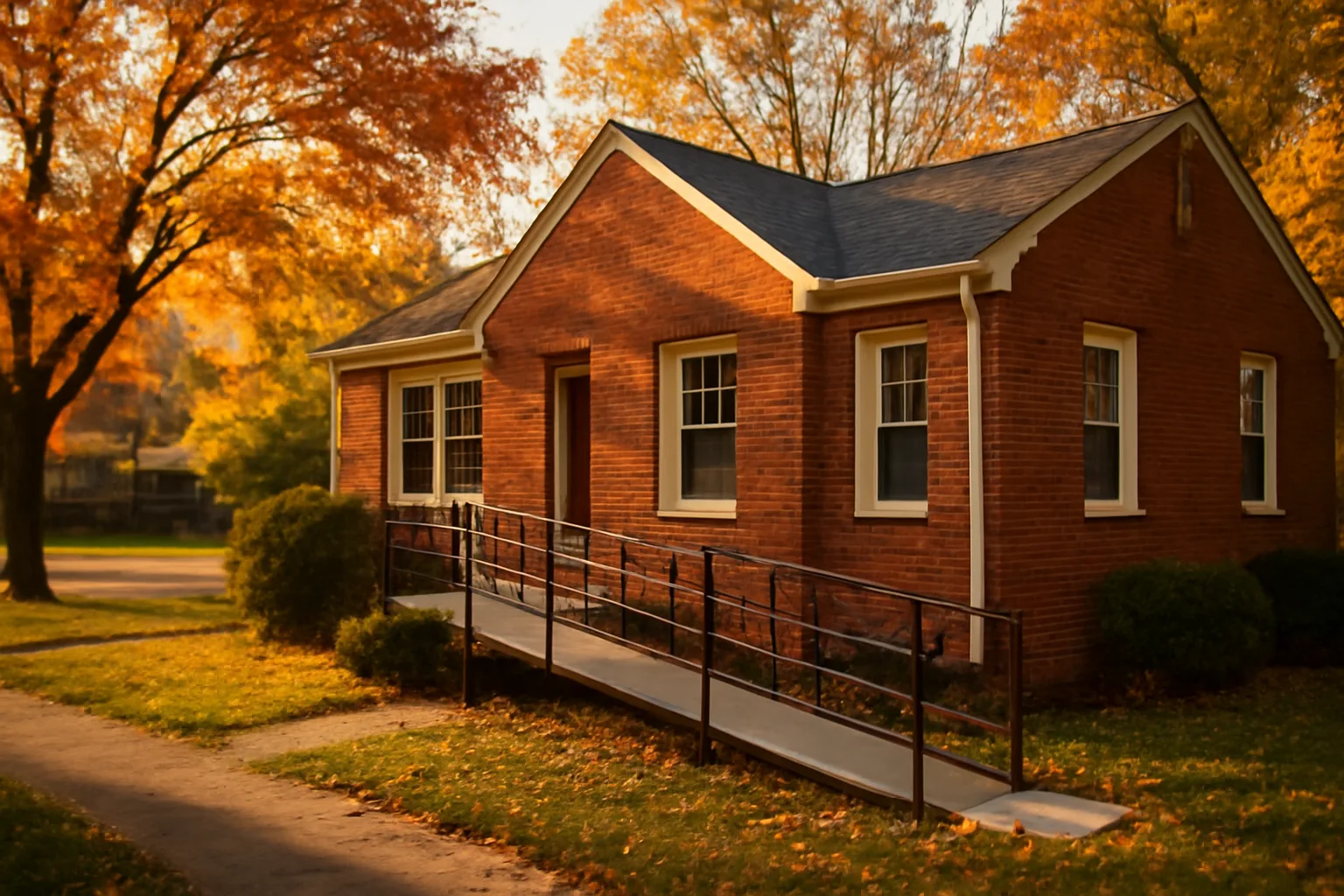 Brick residential care home with wheelchair ramp on a quiet Virginia street