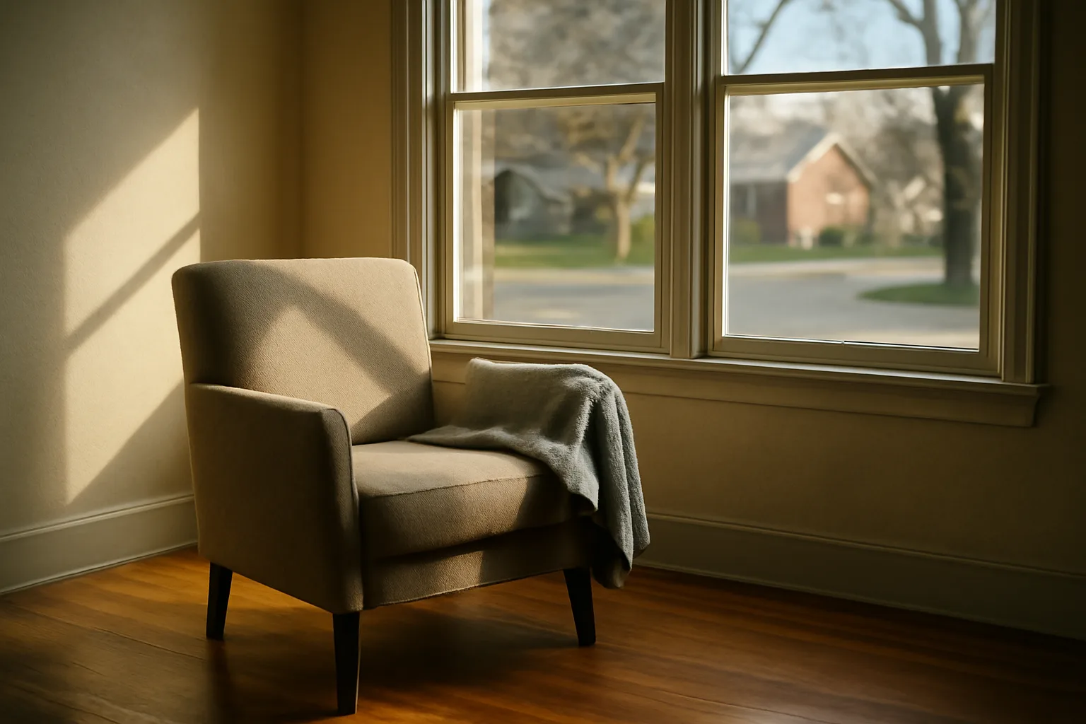Sunlit living room in a residential house being prepared as a Minnesota group home