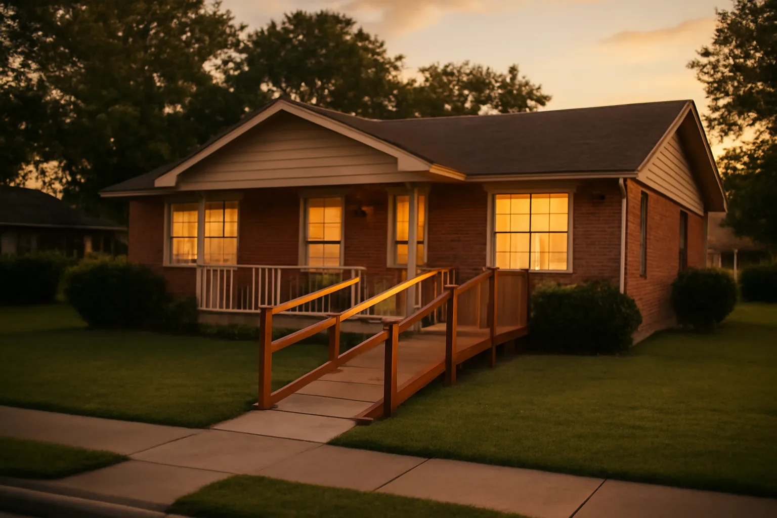 Single-story house with wheelchair ramp representing a residential group home in Texas