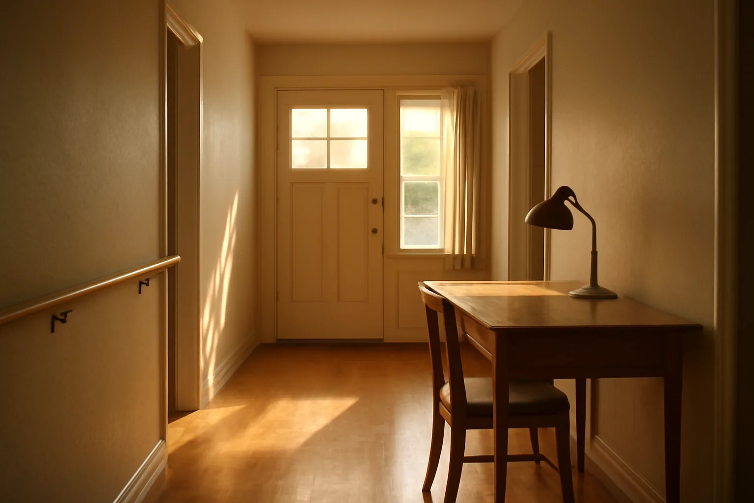 Sunlit hallway with handrails inside a residential group home being prepared for licensing
