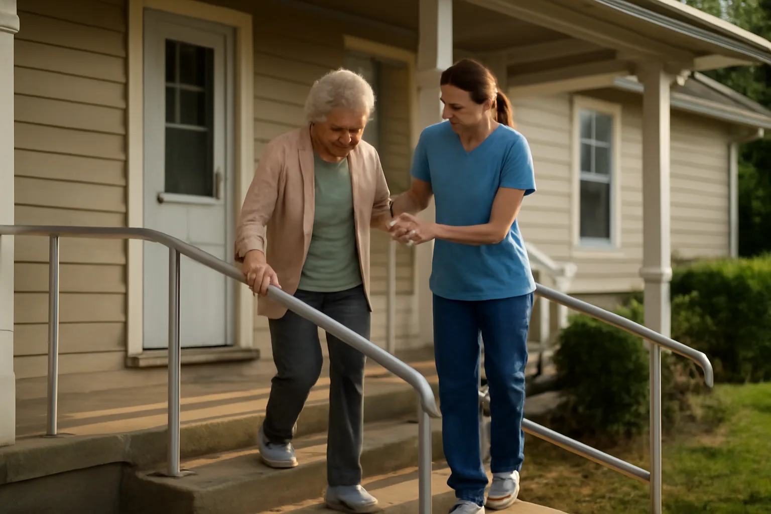 Caregiver assisting an elderly woman on the ramp of a senior group home