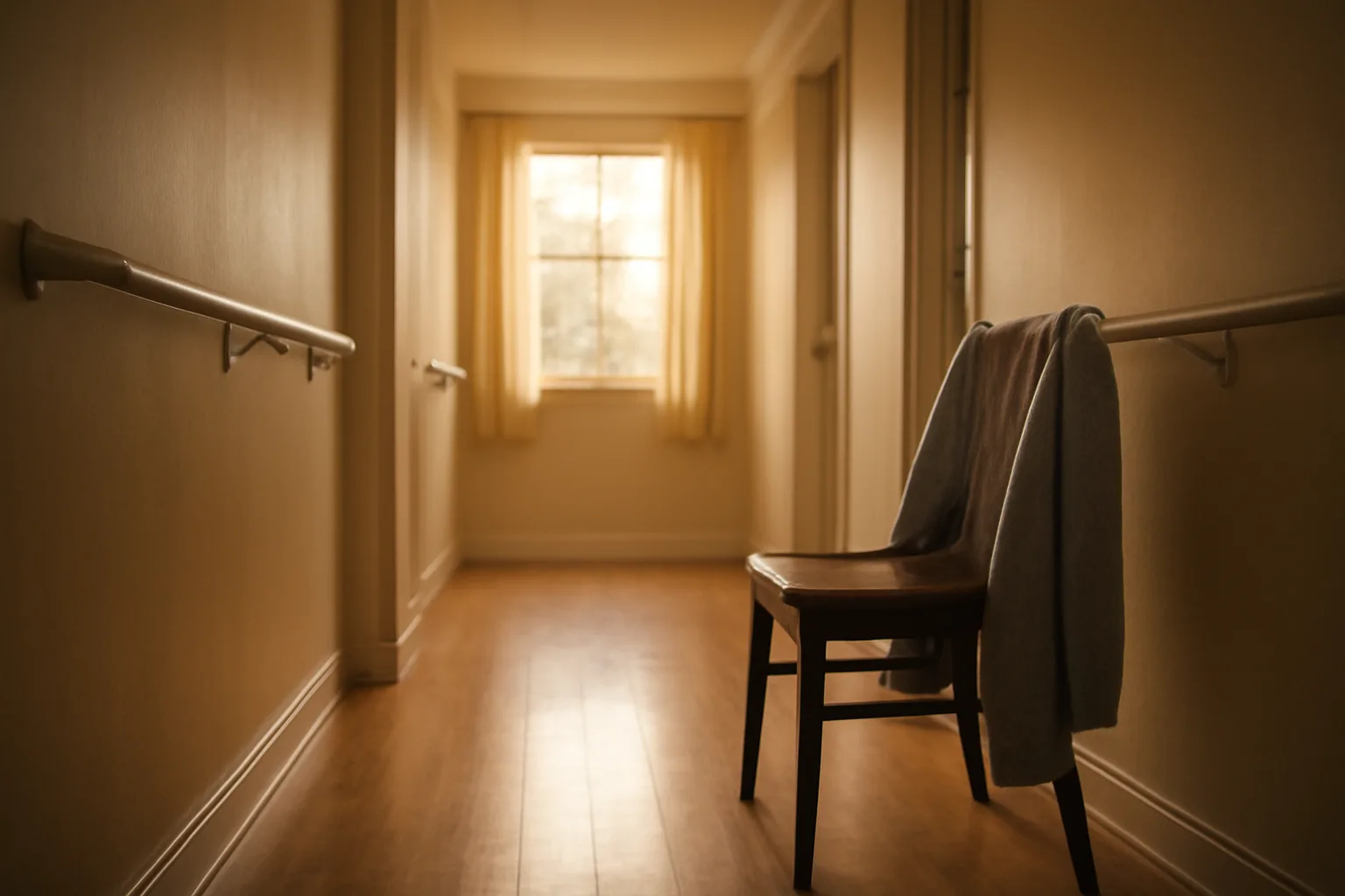 Sunlit accessible hallway inside a residential group home for special needs care