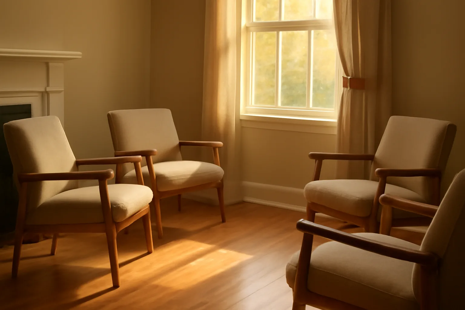 Sunlit living room in a residential group home set up for daily resident care