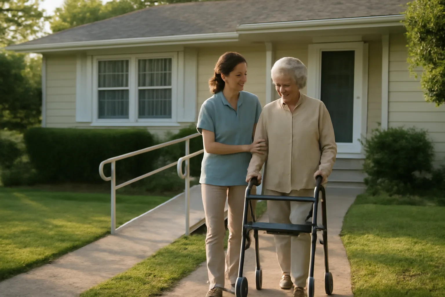 Caregiver helping a resident walk up the ramp of a Virginia group home