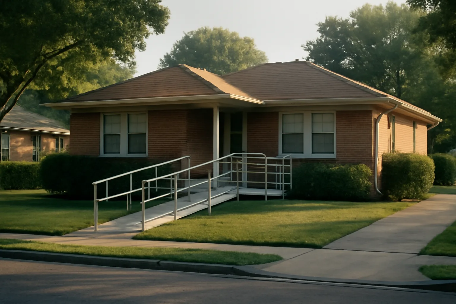 Single-story residential care home with wheelchair ramp, representing a veterans group home property