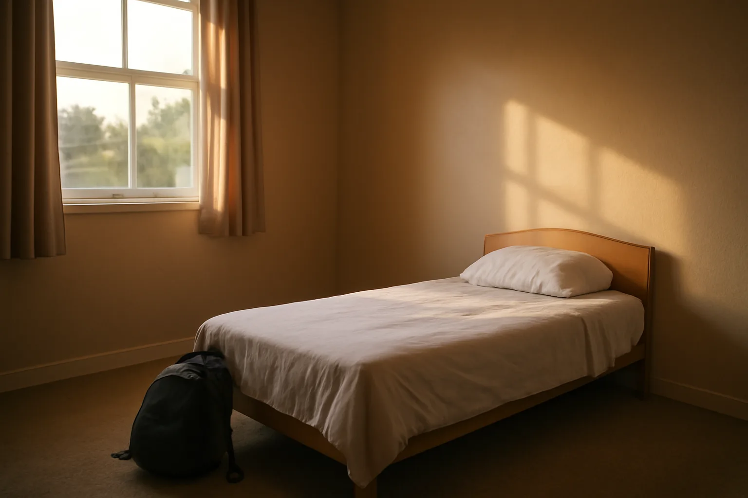 Sunlit bedroom in a residential house prepared for a youth group home placement
