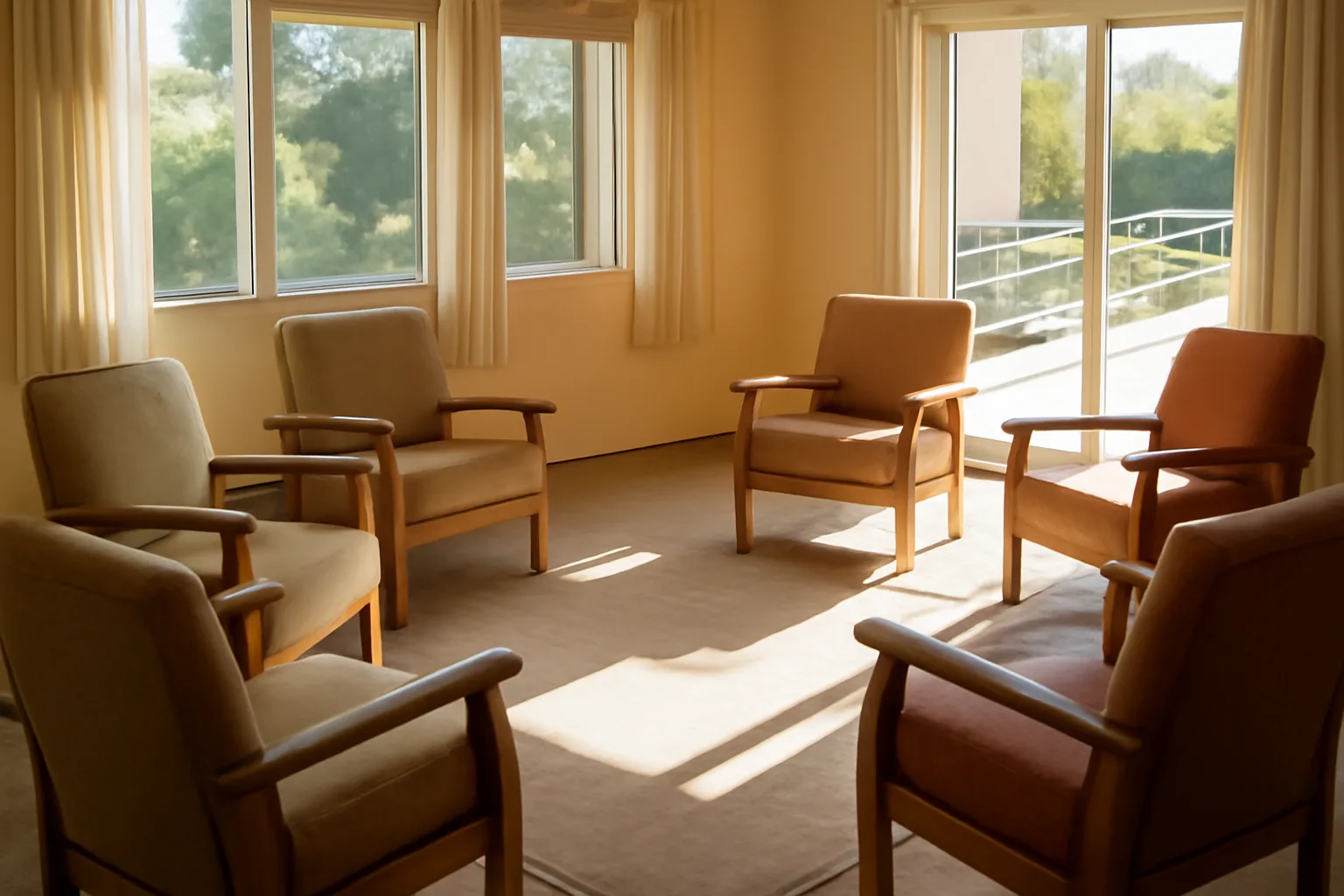 Sunlit living room in a California assisted living facility with empty armchairs and a wheelchair ramp
