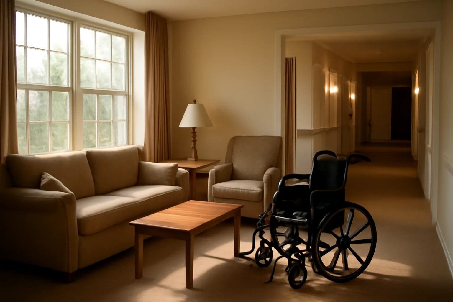 Sunlit hallway and living room inside a licensed Texas assisted living facility