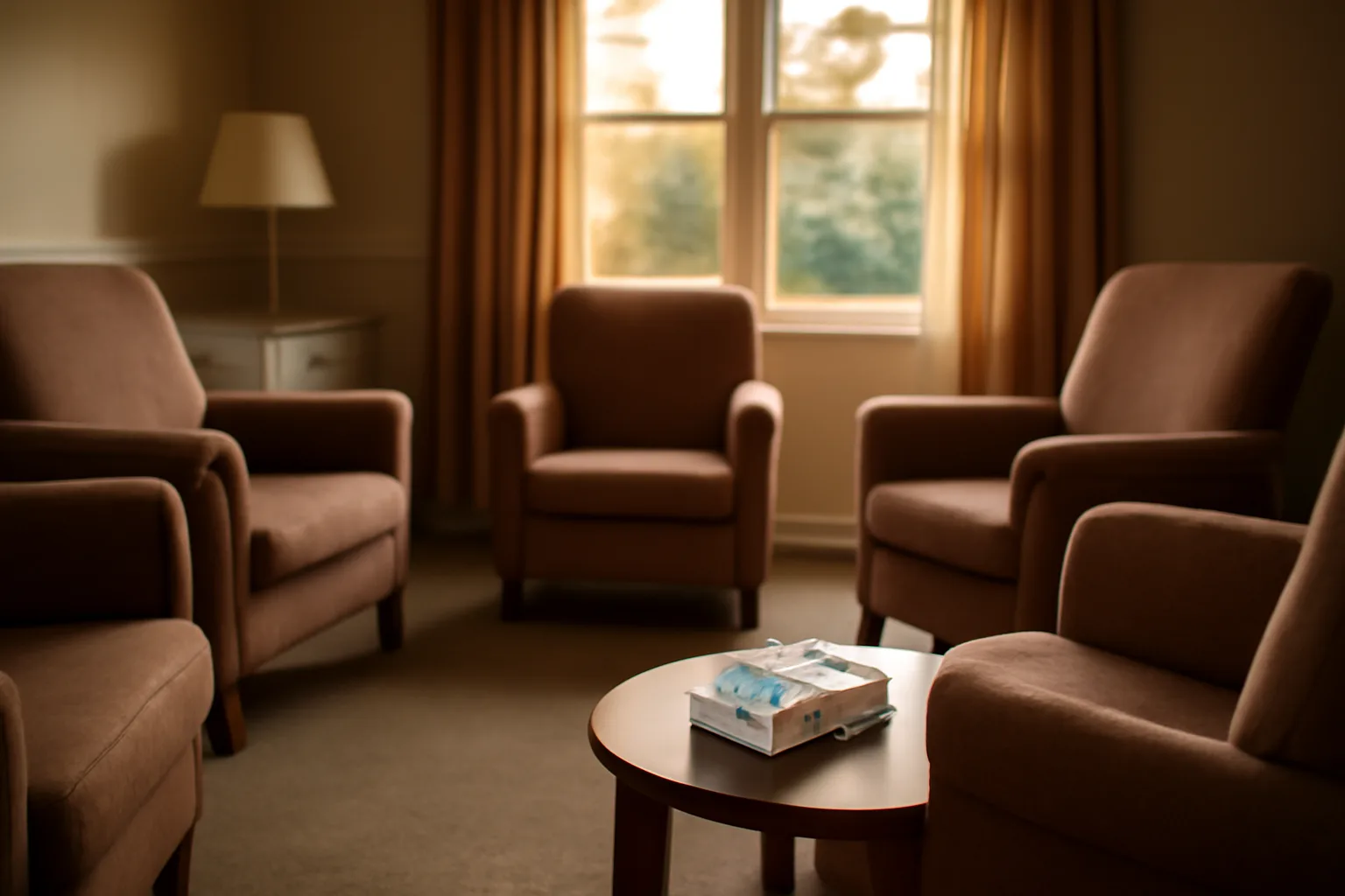 Sunlit living room of a small Arizona assisted living home with empty chairs and a medication organizer