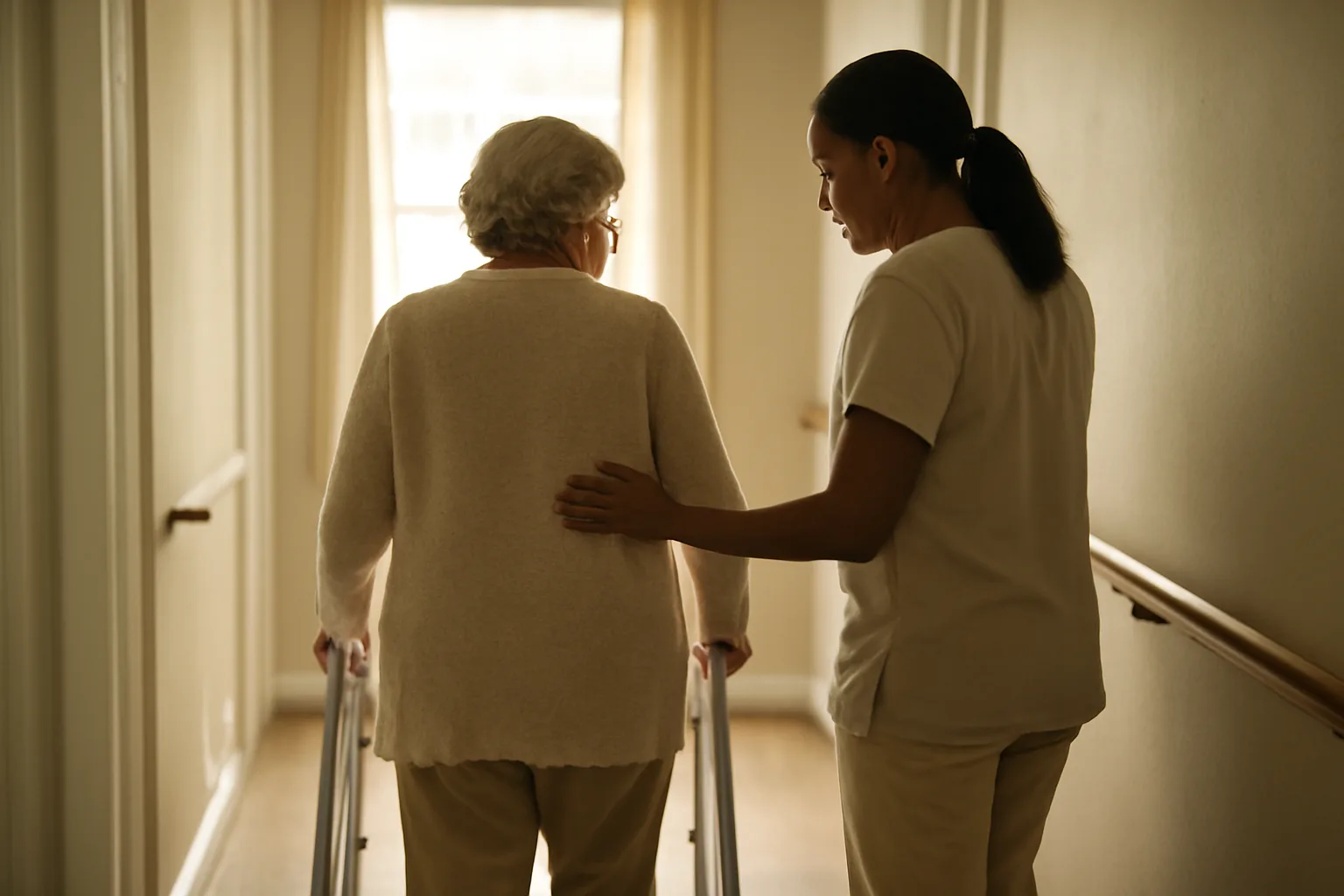 Caregiver assisting an older adult in a hallway of a residential assisted living home
