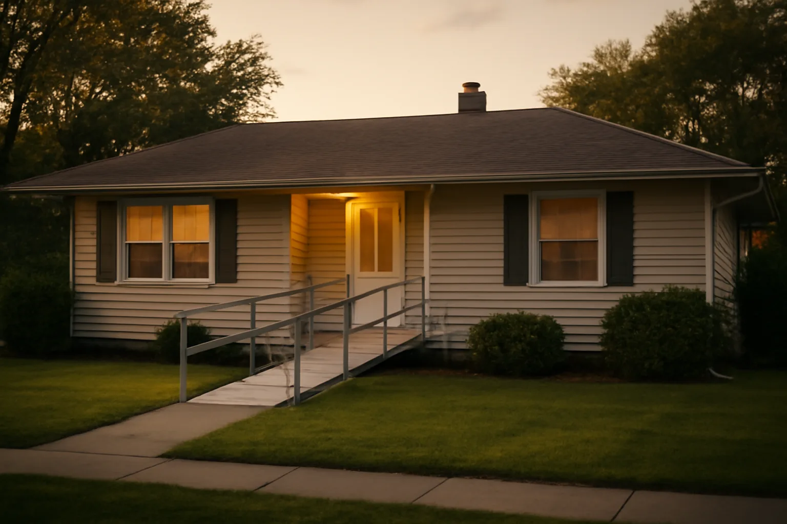 Residential ranch home with a wheelchair ramp, set up as a group home