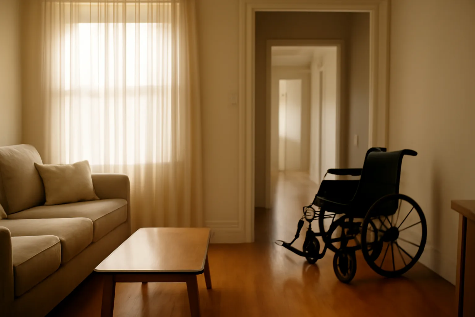 Sunlit accessible hallway and living room inside a residential group home property