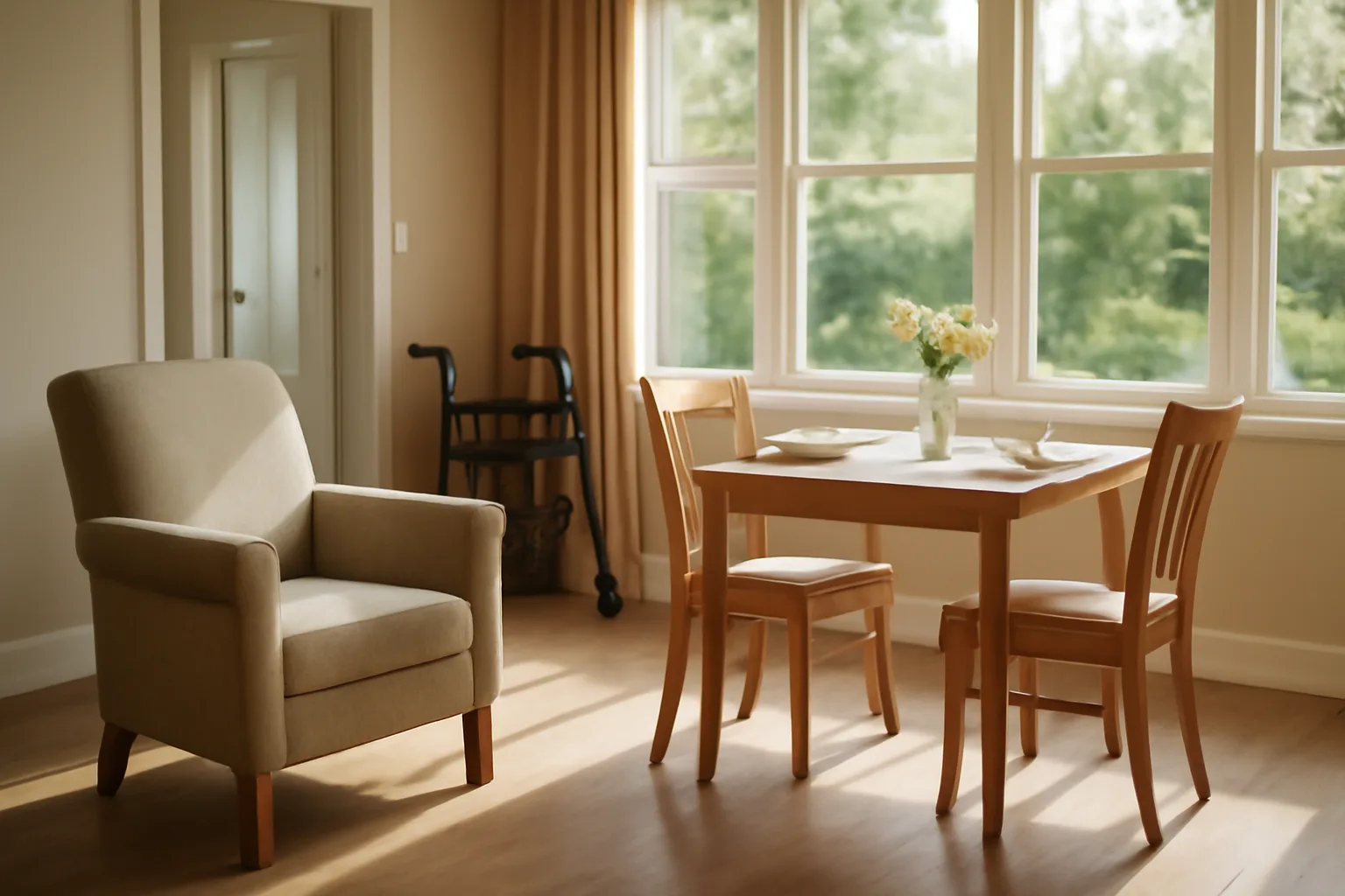 Sunlit common room in an assisted living residence with empty armchair and walker