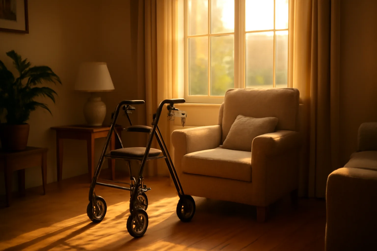 Sunlit shared living room in an Illinois assisted living residential setting